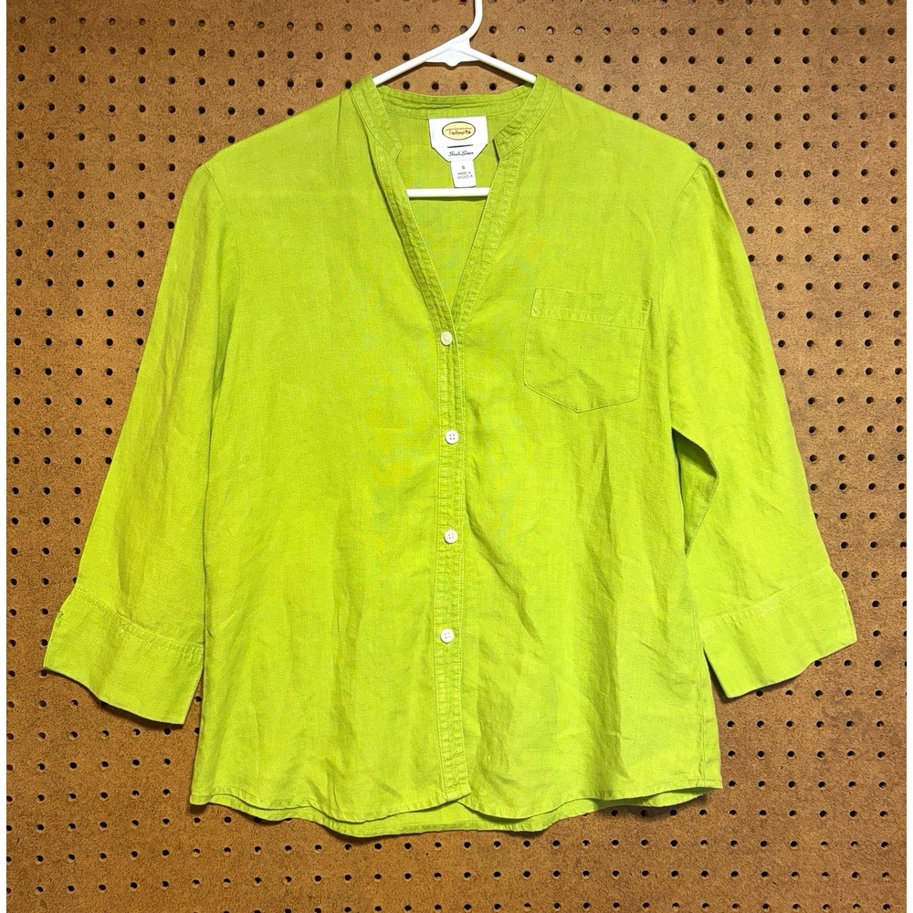 Talbots Irish Linen Blouse 8 Green Solid V-Neck 3/4 Sleeve Button Front